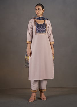 Cream Chinon Printed Straight Pant Suit