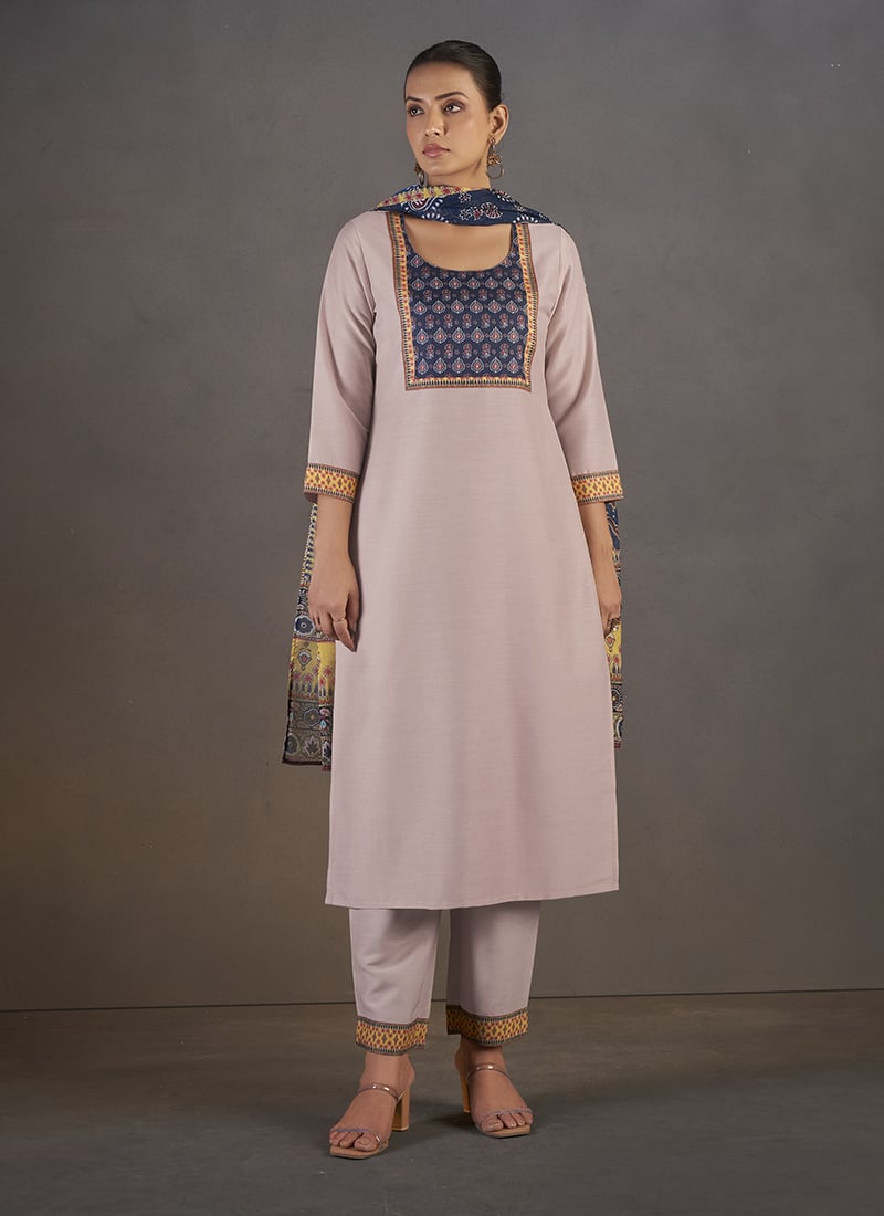 Cream Chinon Printed Straight Pant Suit After Six Wear