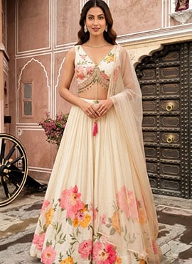 Cream Chinon Silk Cutdana Beads Hand Embroidered Digital Print Lehenga