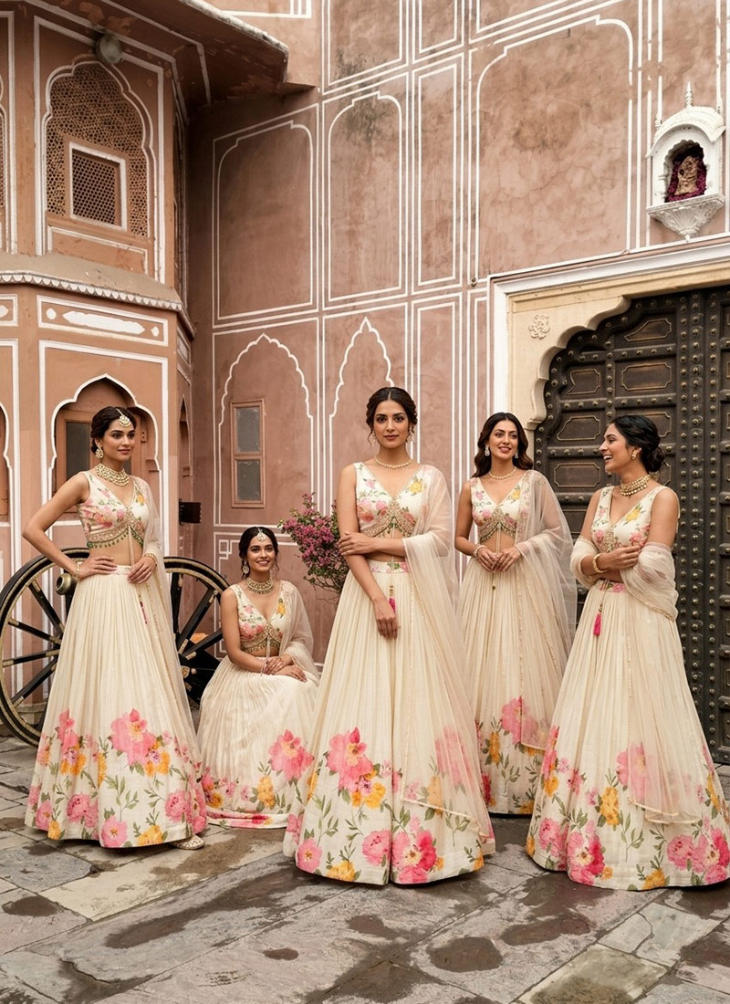 Cream Chinon Silk Cutdana Beads Hand Embroidered Digital Print Lehenga Wedding Wear