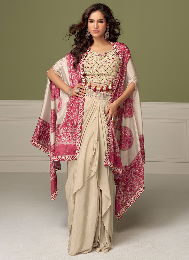 Cream Chinon Silk Embroidered Indowestern Crop Top Skirt Set With Jacket After Six Wear