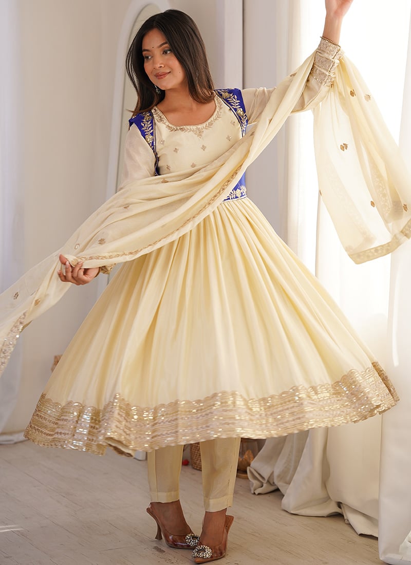 Cream Chinon Silk Embroidered Sequins Anarkali Suit With Koti Festive Wear