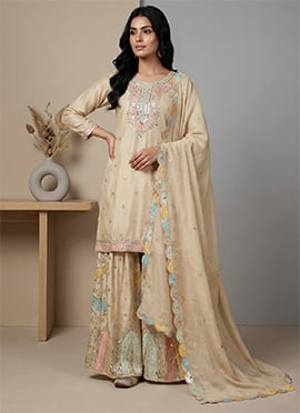 Cream Chinon Silk Embroidered Sequins Palazzo Suit