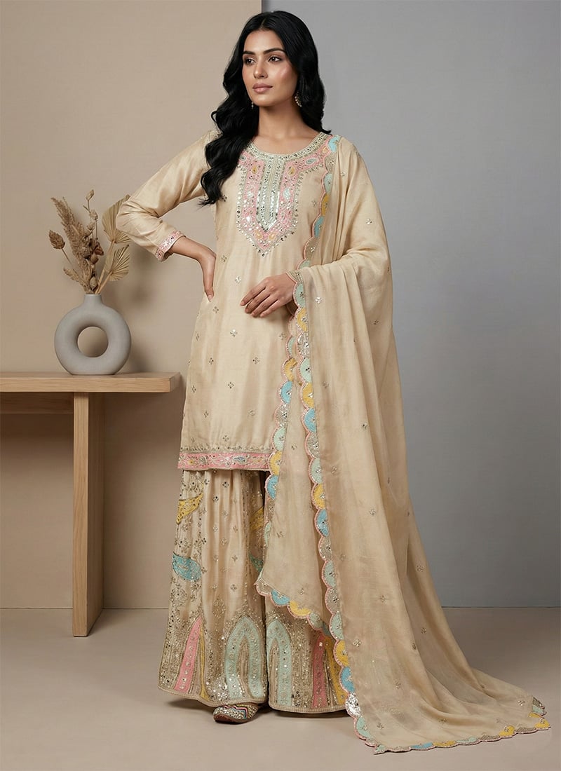 Cream Chinon Silk Embroidered Sequins Palazzo Suit Festive Wear
