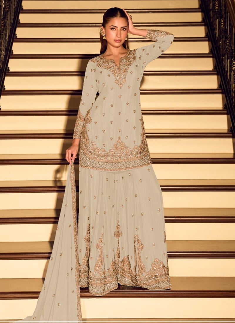 Cream Chinon Silk Embroidered Sequins Sharara Suit Festive Wear