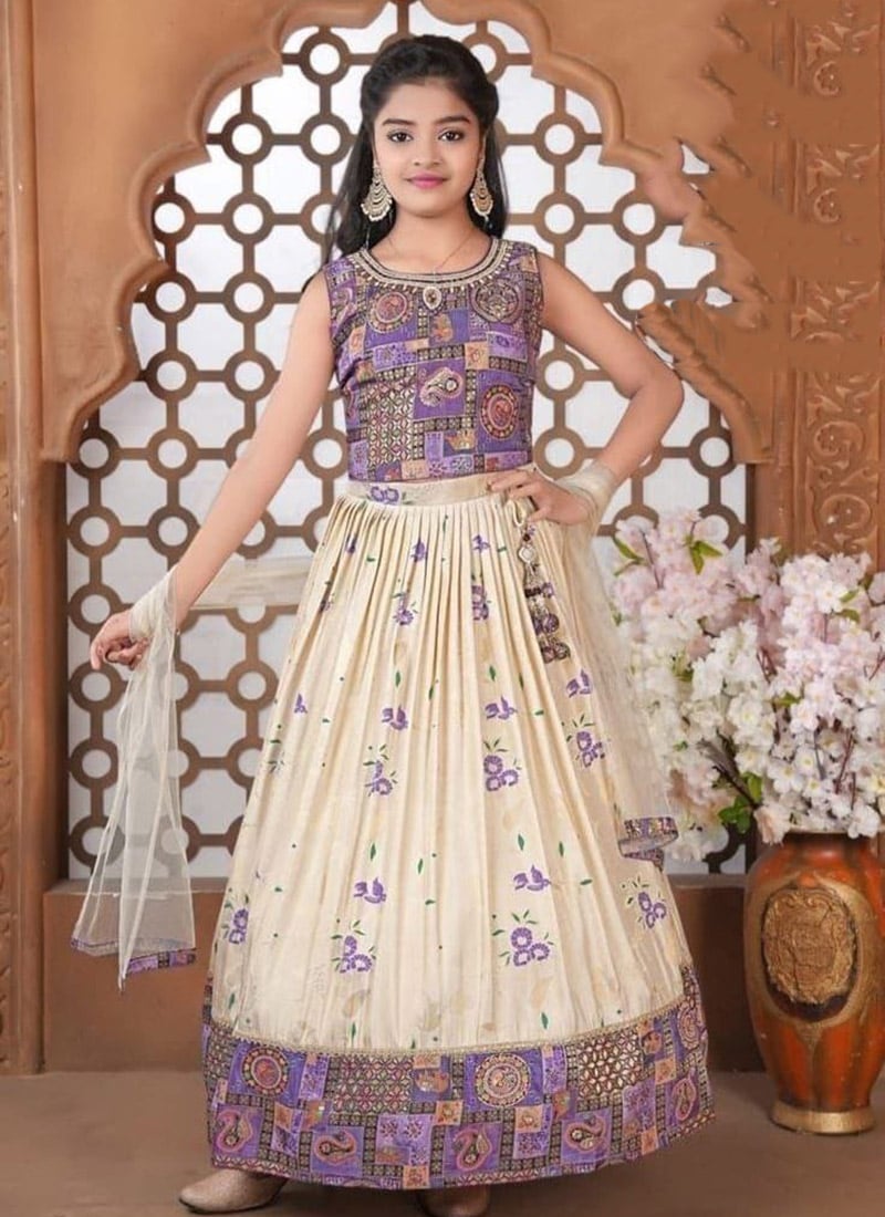 Cream Chinon Silk Embroidery Digital Print Lehenga For Kids Girls  Festive Wear