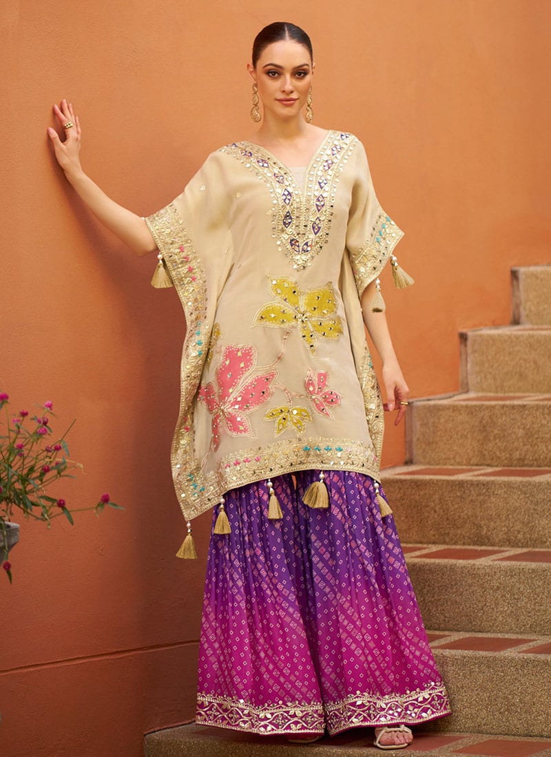 Cream Chinon Silk Gota Work With Embroidered Sequins Kaftan Indowestern Set Festive Wear
