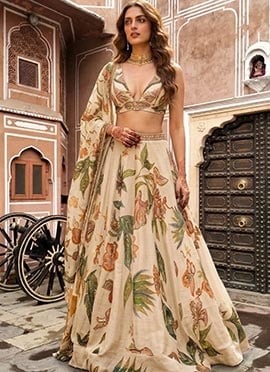 Cream Chinon Silk Sequence Cutdana Embroidered Digital Print Lehenga
