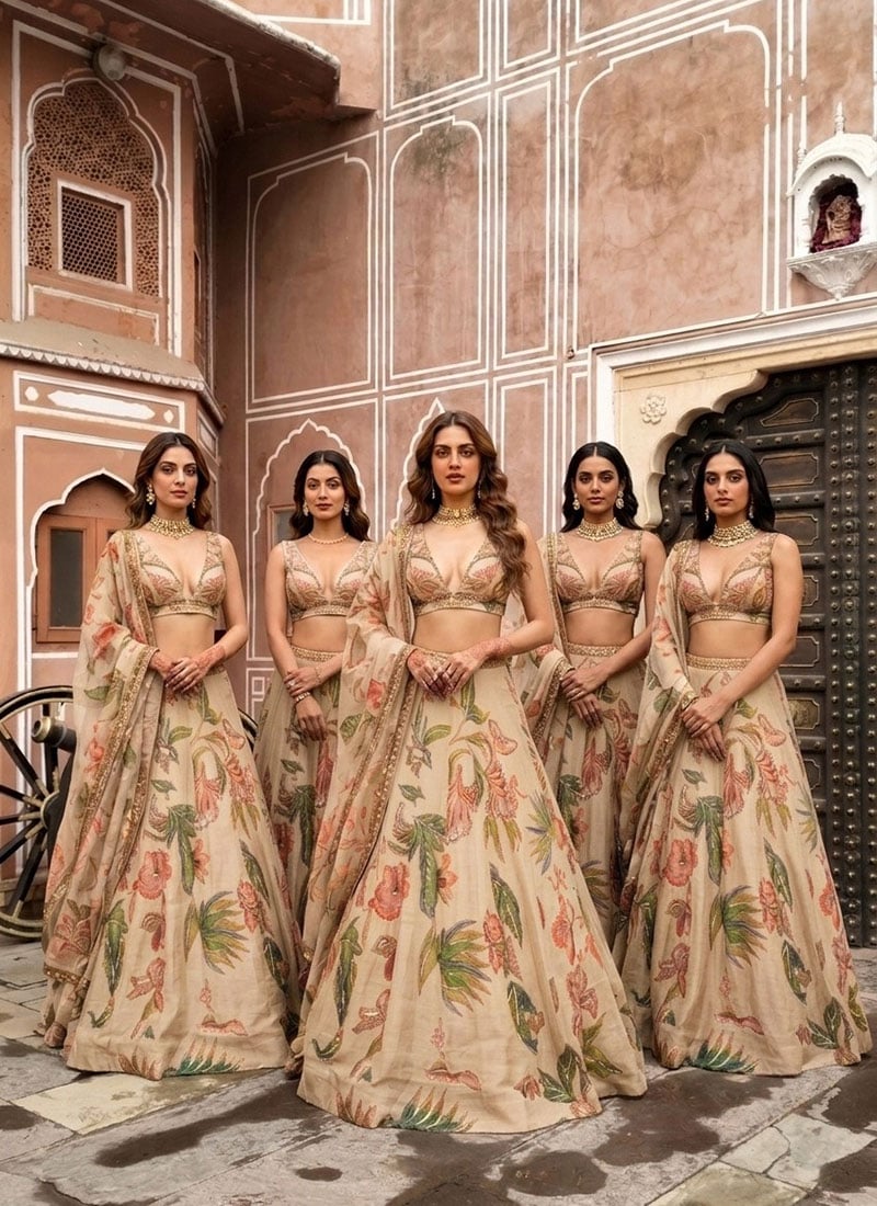 Cream Chinon Silk Sequence Cutdana Embroidered Digital Print Lehenga Wedding Wear