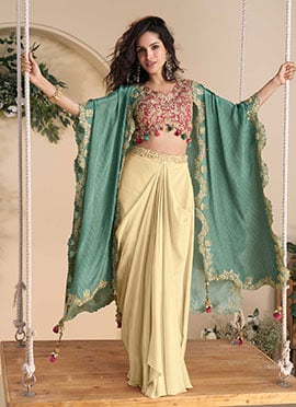 Cream Chinon Silk Zari Embroidered Sequins With Stone Work Indowestern Jacket Skirt Set