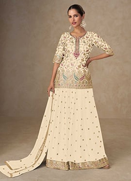 Cream Chinon Silk Zari Thread Embroidered Sequins Palazzo Suit