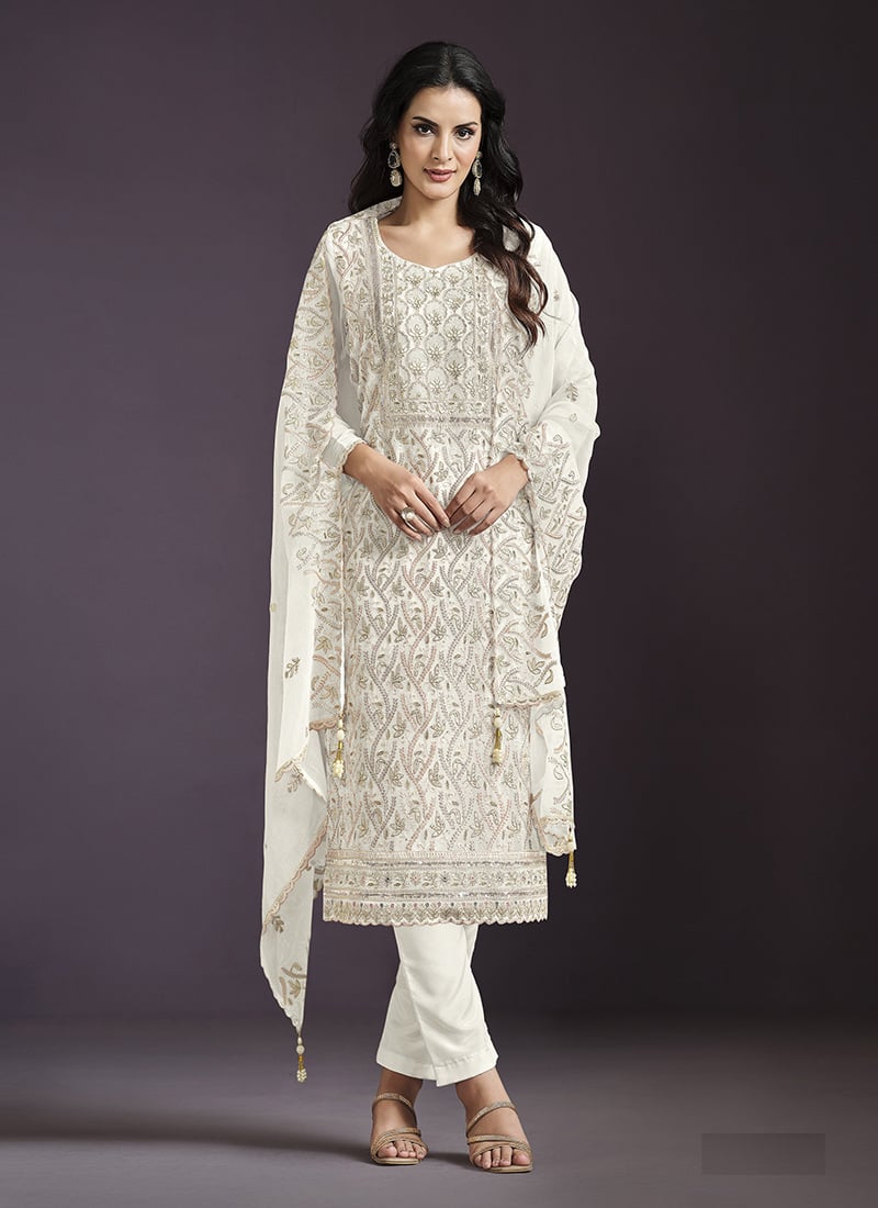Cream Chinon Zari Embroidered Sequins Pakistani Straight Pant Suit Festive Wear