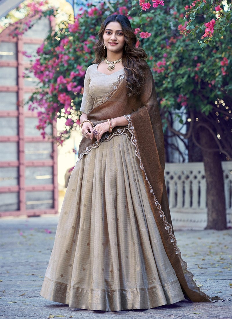 Cream Chinon Zari Lehenga Choli Festive Wear