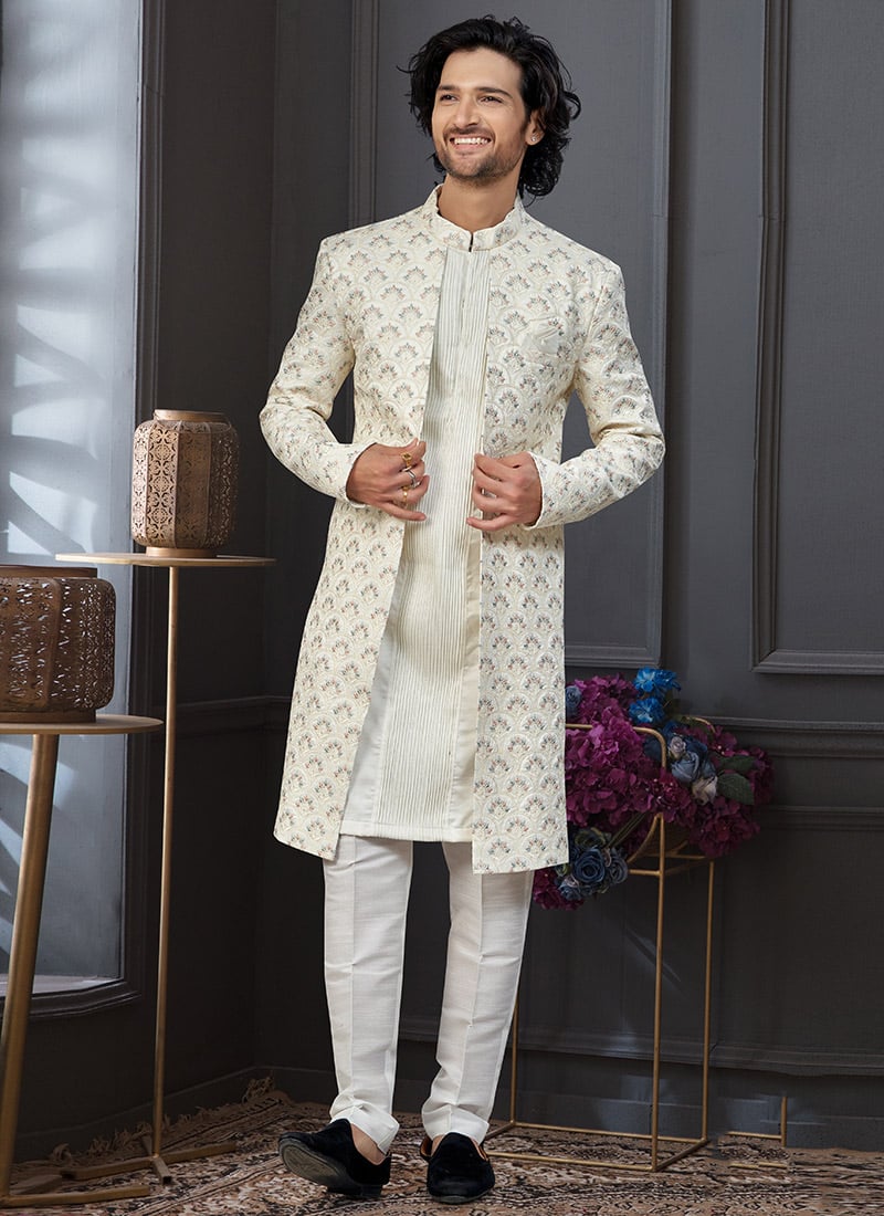 Cream Colour Malai Silk Embroidered Sequins Thread Indowestern Sherwani Festive Wear