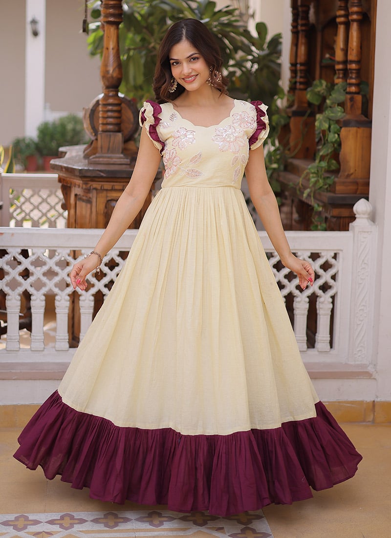 Cream Cotton Beads And Sequins Anarkali Gown For Elegant Women After Six Wear