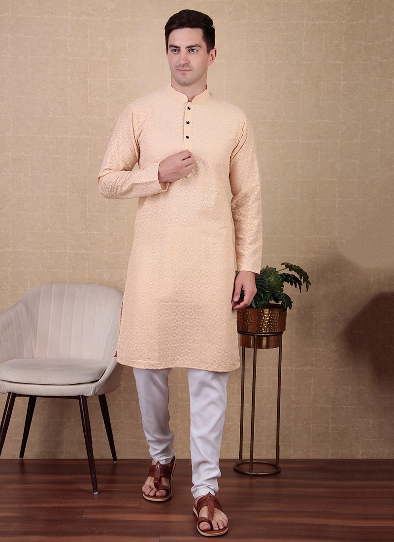 Cream Cotton Chikankari Sequins Kurta Pyjama Festive Wear