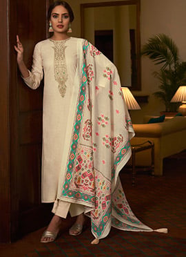 Cream Cotton Digital Print Embroidered Straight Pant Suit