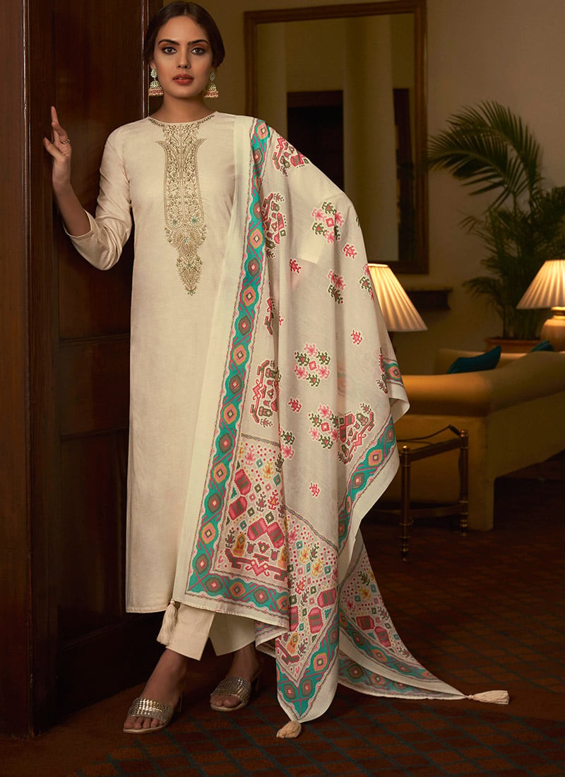 Cream Cotton Digital Print Embroidered Straight Pant Suit After Six Wear