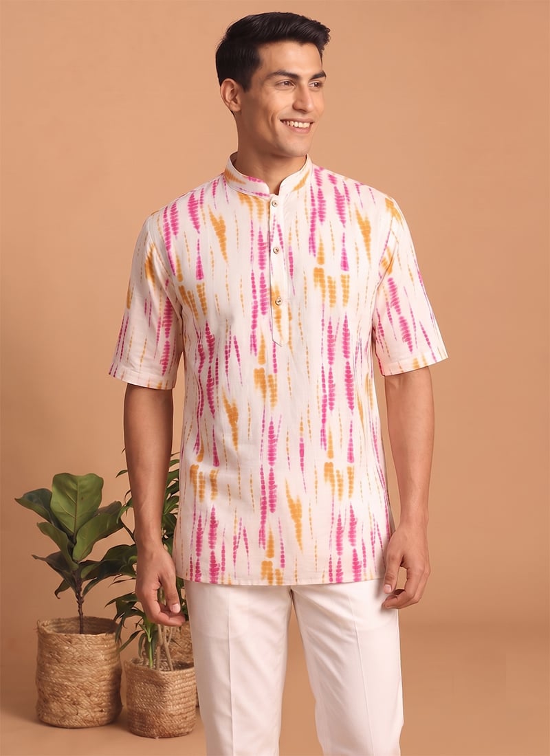 Cream Cotton Digital Print Kurta For Men