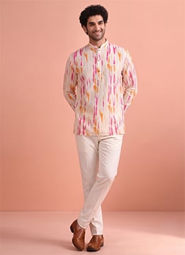 Cream Cotton Digital Print Short Kurta For Men