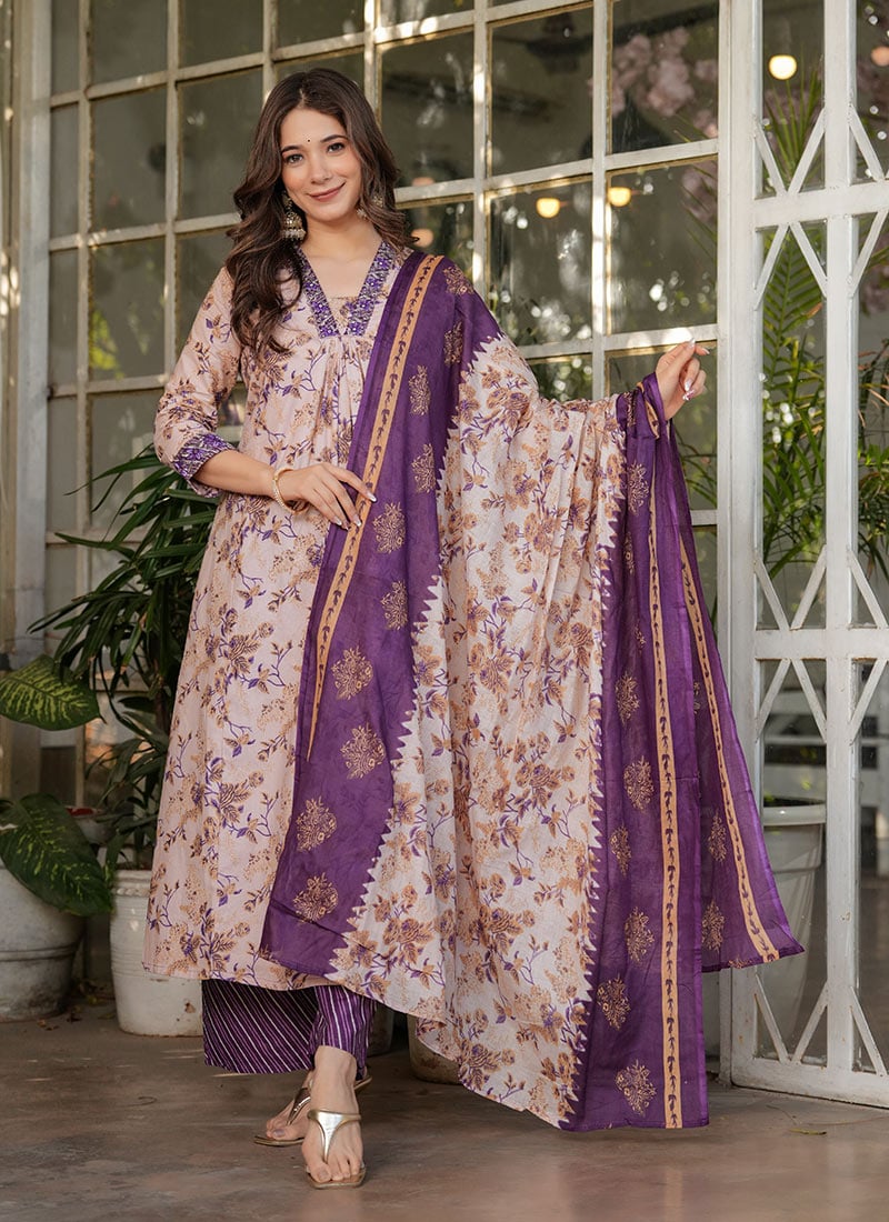Cream Cotton Embroidered And Printed Palazzo Suit After Six Wear
