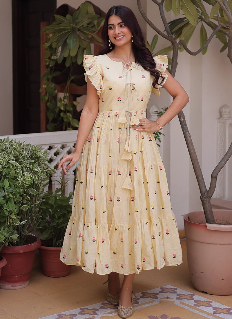 Cream Cotton Embroidered Fit And Flare Dress After Six Wear