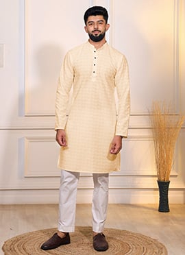 Cream Cotton Embroidered Kurta Pyjama For Men