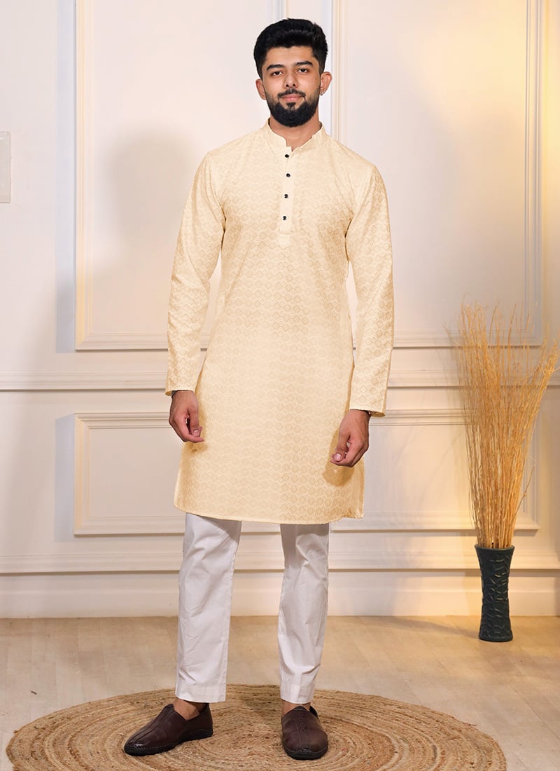 Cream Cotton Embroidered Kurta Pyjama For Men
