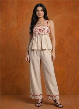 Cream Cotton Embroidered Peplum Co-ord Set