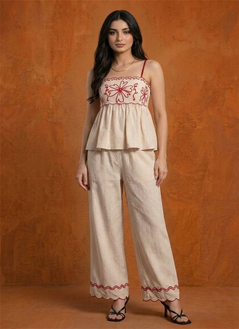 Cream Cotton Embroidered Peplum Co-ord Set After Six Wear