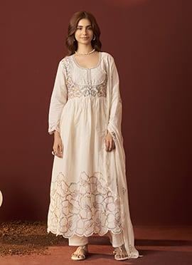 Cream Cotton Embroidered Straight Pant Suit