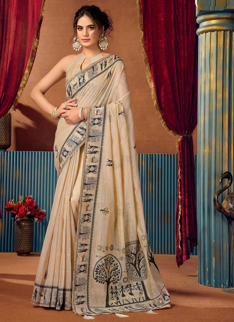 Cream Cotton Foil Print Saree After Six Wear