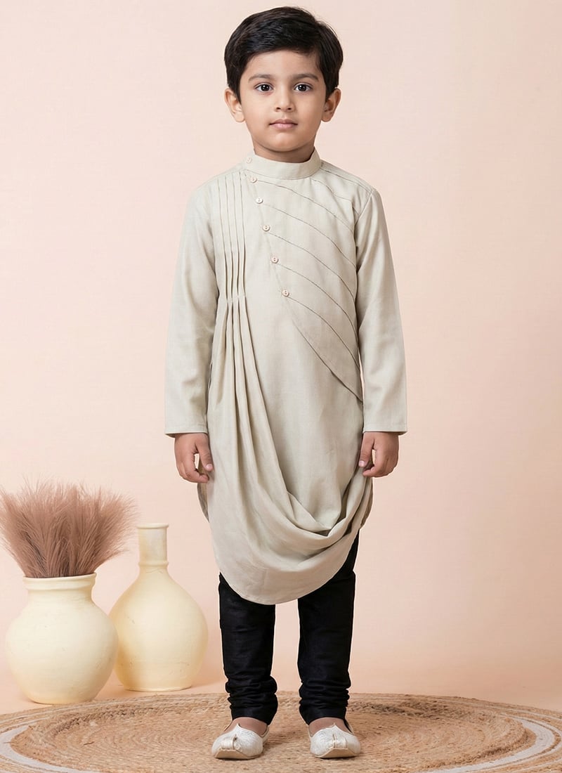 Cream Cotton Kids Boys Kurta Pyjama Festive Wear
