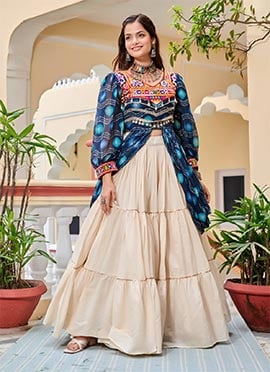 Cream Cotton Mirror Work Printed Gota Lace Skirt Set Festive Wear