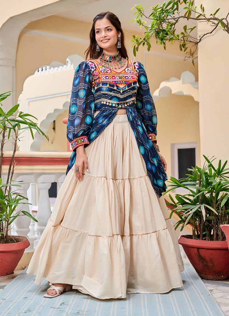 Cream Cotton Mirror Work Printed Gota Lace Skirt Set  Festive Wear