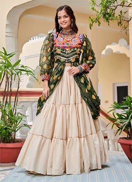 Cream Cotton Mirror Work Printed Gota Lace Skirt Set Festive Wear