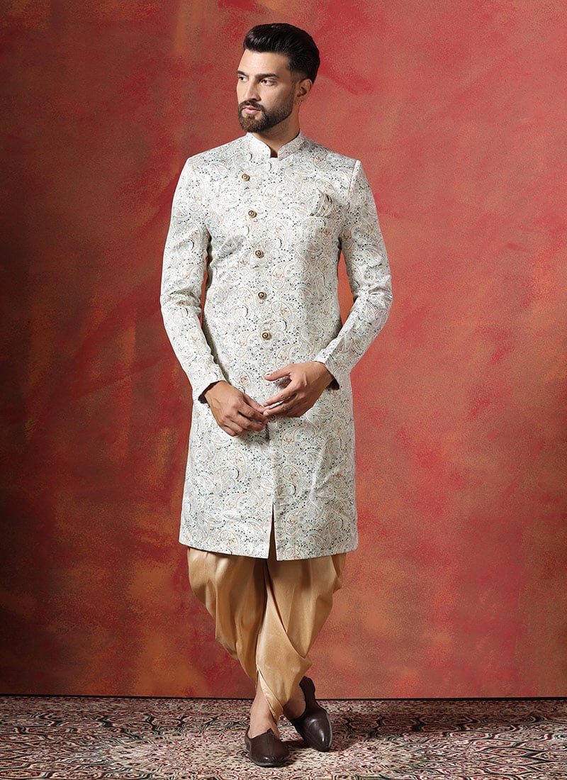 Cream Cotton Paisley Indowestern Sherwani Set Wedding Wear