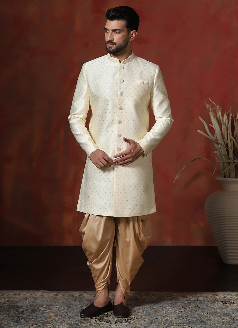 Cream Cotton Printed Elegant Indowestern Sherwani Set Wedding Wear