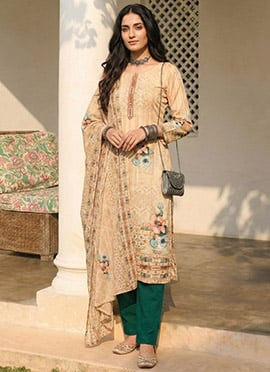 Cream Cotton Printed Embroidered Sequins Straight Pant Suit