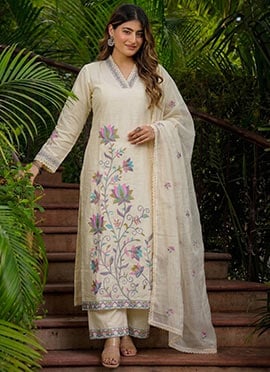 Cream Cotton Printed Embroidered Straight Pant Suit