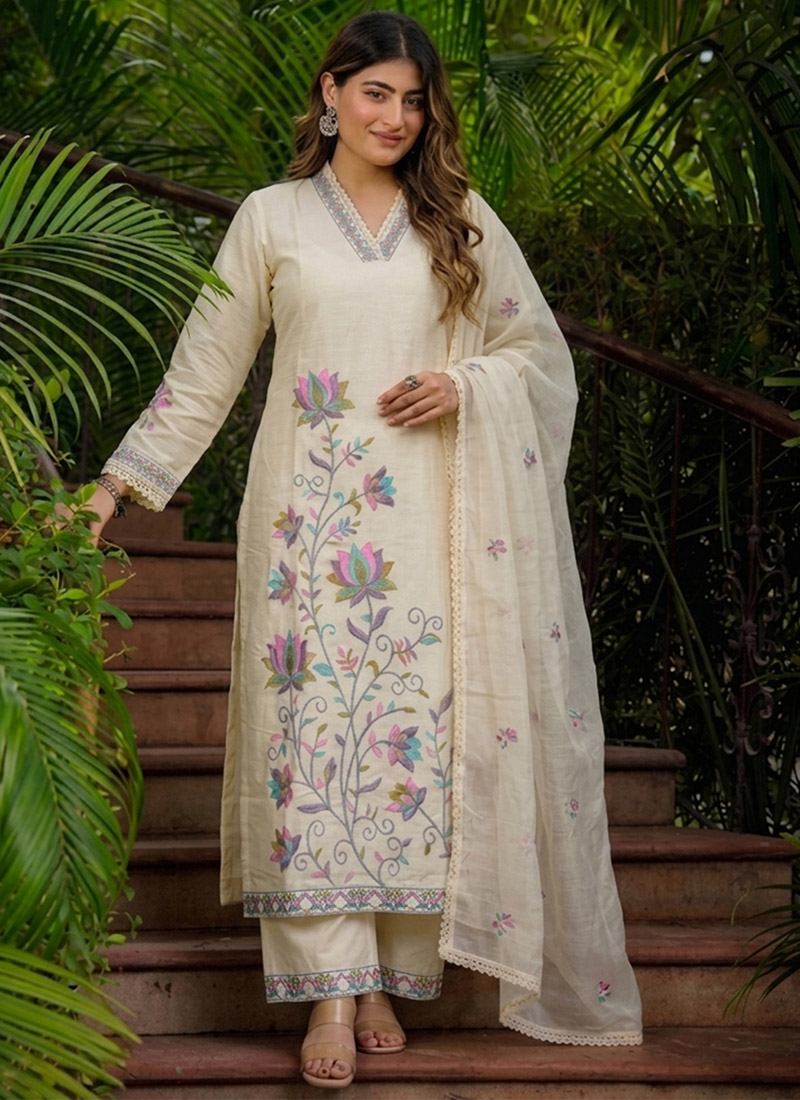 Cream Cotton Printed Embroidered Straight Pant Suit After Six Wear