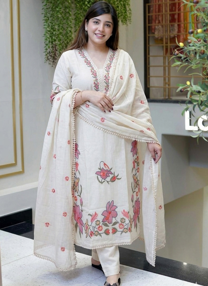 Cream Cotton Printed Embroidered Straight Pant Suit After Six Wear