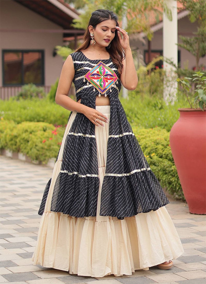 Cream Cotton Printed Kutch Work Indowestern Skirt Set  Festive Wear