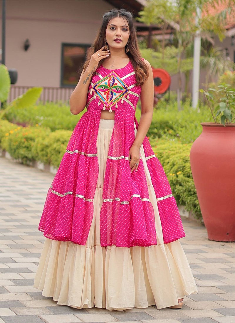 Cream Cotton Printed Kutch Work Indowestern Skirt Set Festive Wear