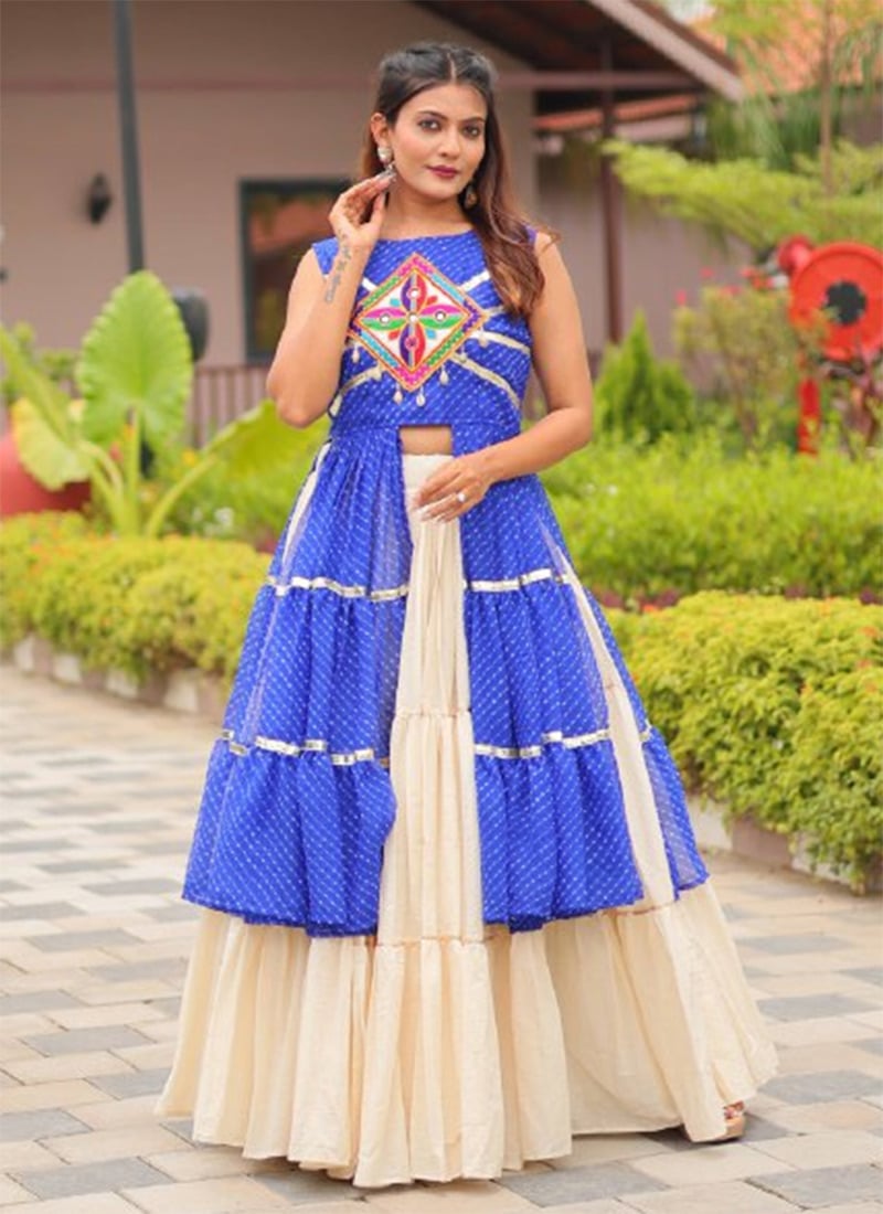 Cream Cotton Printed Kutch Work Indowestern Skirt Set Festive Wear