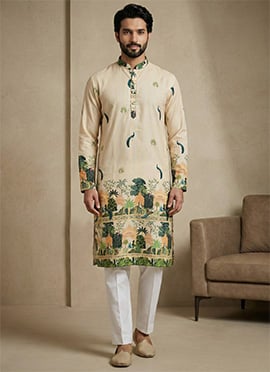 Cream Cotton Schiffli Work And Digital Print Kurta Pyjama For Men