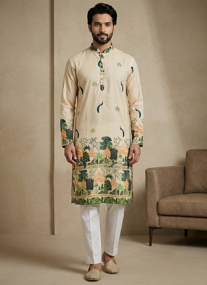 Cream Cotton Schiffli Work And Digital Print Kurta Pyjama For Men Festive Wear