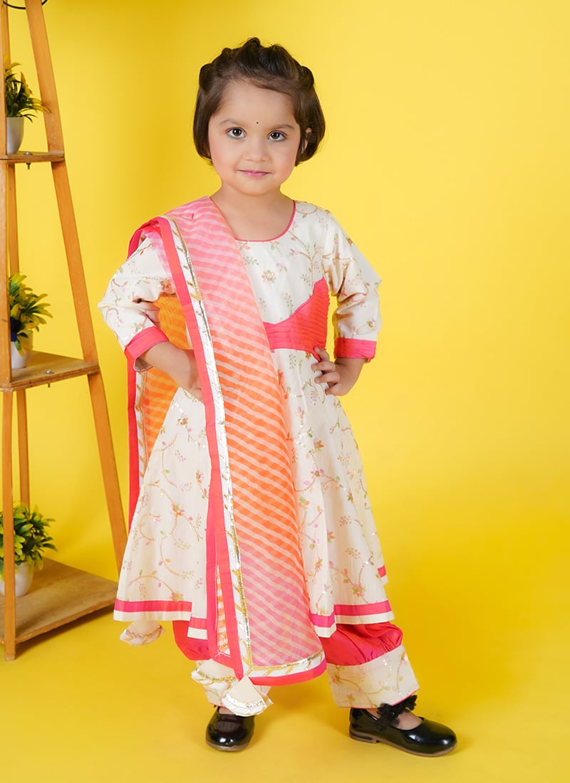 Cream Cotton Sequins Kids Girls Anarkali Suit With Leheriya Dupatta