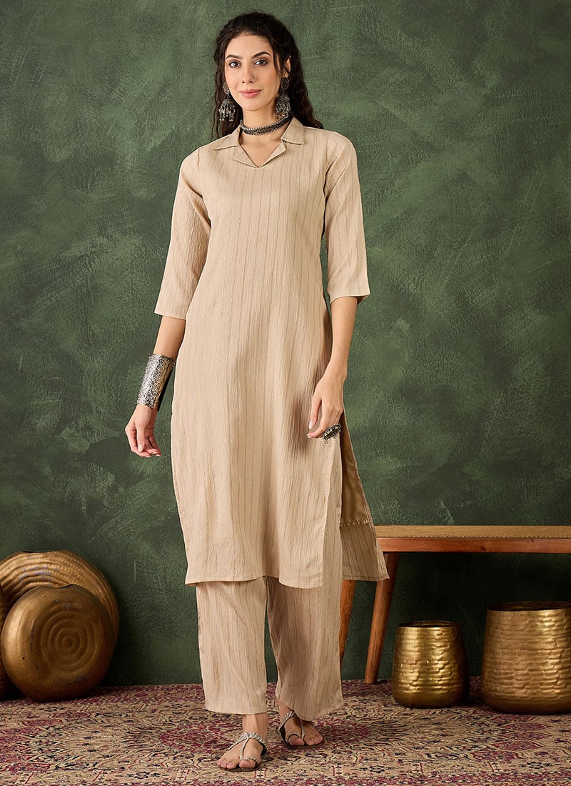 Cream Cotton Silk Blend Zari Woven Kurta Straight Pant Set After Six Wear
