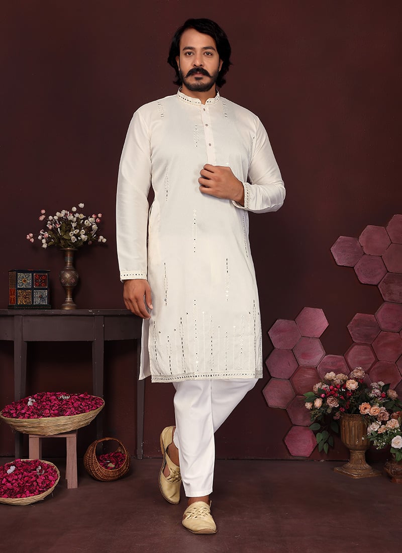 Cream Cotton Silk Embroidered Sequins Kurta Pyjama Set Festive Wear